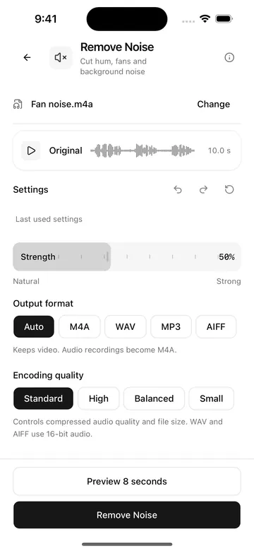 Wavli Remove Noise screen for Fan noise.m4a: Strength at 50% between Natural and Strong, Output format, Preview 8 seconds