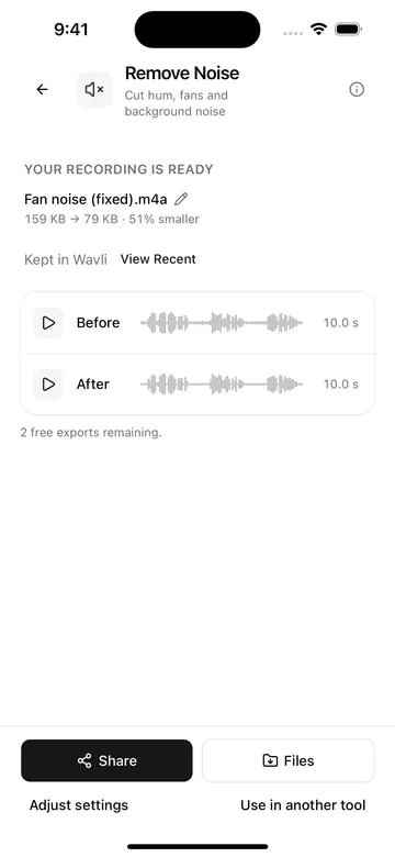 Wavli result screen: Your recording is ready, Fan noise (fixed).m4a, Before and After players with waveforms