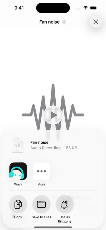 iOS share sheet for the Fan noise recording with Wavli listed as a destination
