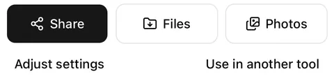 Wavli export buttons: Share, Files, and Photos, with Adjust settings and Use in another tool