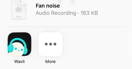 iOS share sheet for the Fan noise recording, with the Wavli app as a destination next to More