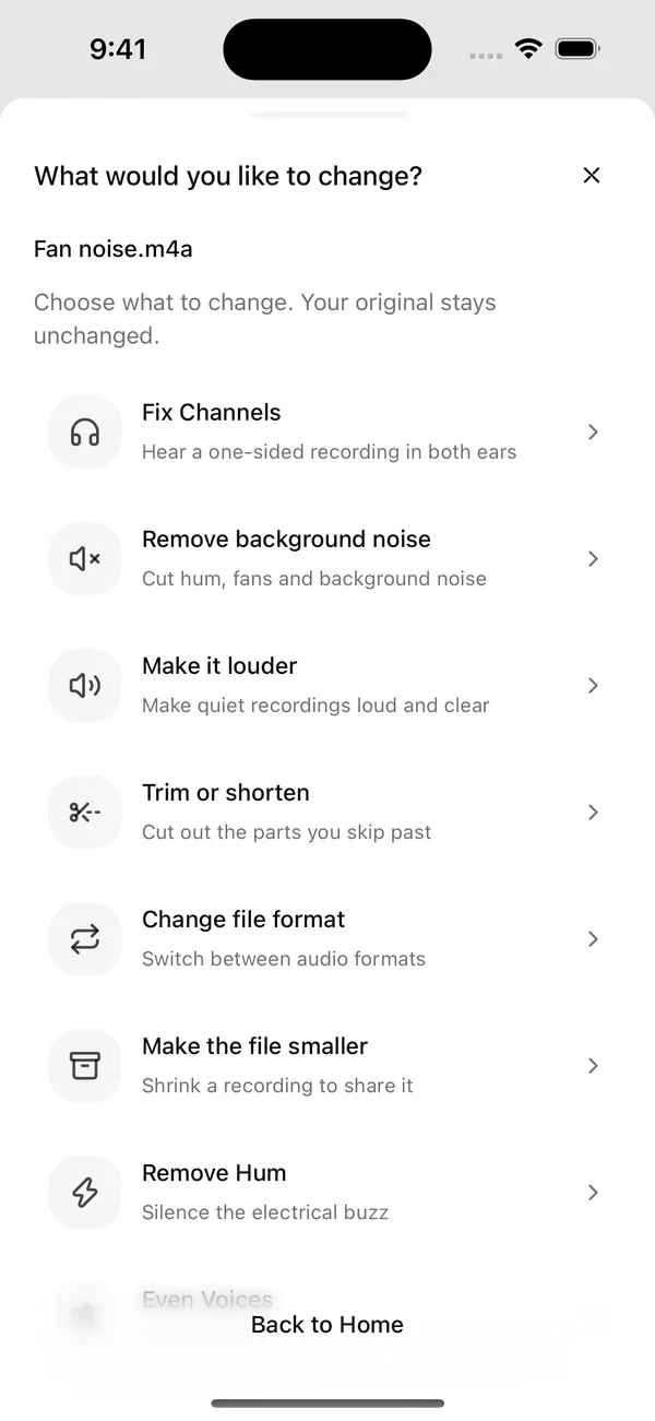 Wavli sheet What would you like to change? listing Fix Channels, Remove background noise, Make it louder, Trim or shorten, Change file format, Make the file smaller and Remove Hum