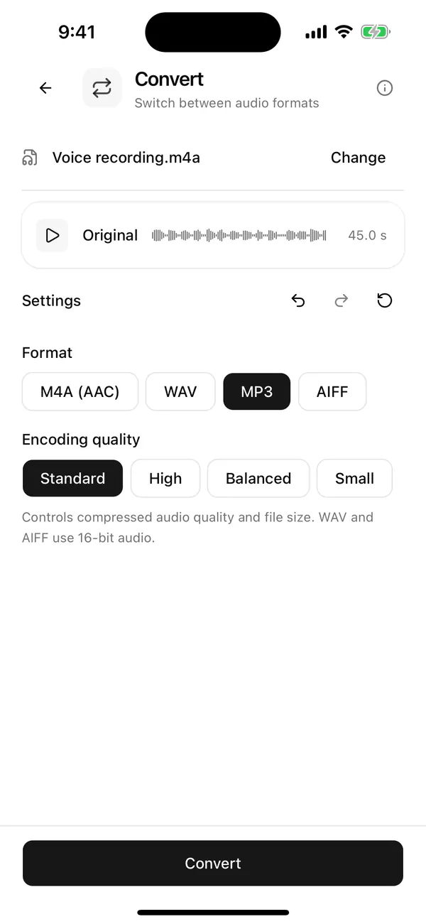 Wavli Convert screen (Switch between audio formats) for Voice recording.m4a with the 45.0 s Original player, Format options M4A (AAC), WAV, MP3 and AIFF with MP3 selected, Encoding quality Standard, High, Balanced and Small with Standard selected, the helper text Controls compressed audio quality and file size. WAV and AIFF use 16-bit audio., and the Convert button