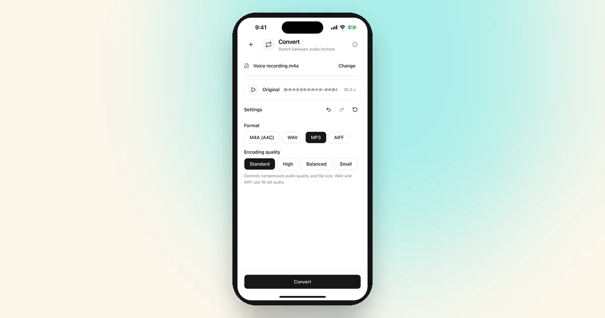 Wavli Convert screen on iPhone with Voice recording.m4a loaded, MP3 selected as the format, Standard encoding quality, and the Convert button