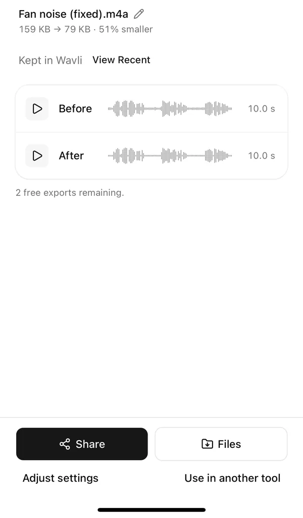 Wavli result screen showing 159 KB to 79 KB, 51% smaller, 2 free exports remaining, and the Share and Files buttons