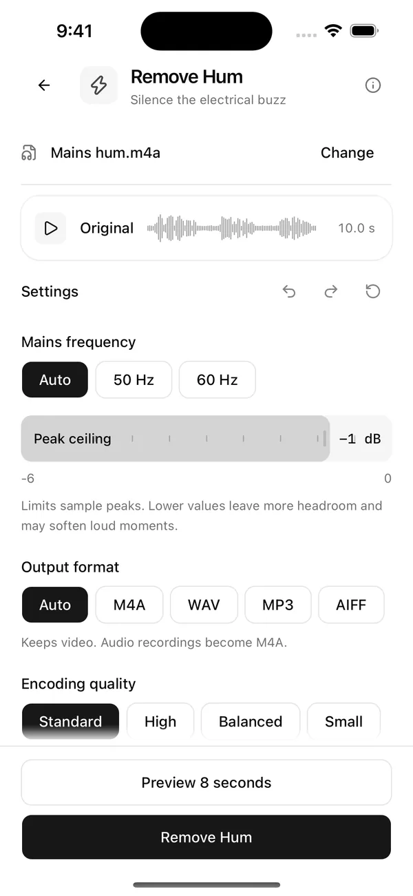 Wavli Remove Hum screen for Mains hum.m4a with Mains frequency set to Auto, Peak ceiling at -1 dB, Output format set to Auto, and the Preview 8 seconds and Remove Hum buttons