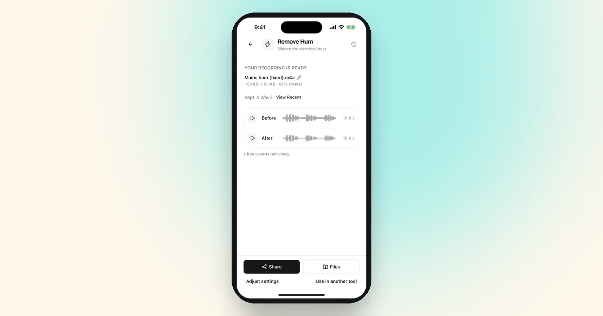 Wavli Remove Hum result screen on iPhone: Mains hum (fixed).m4a, 156 KB to 61 KB, with Before and After waveforms to compare and Share and Files buttons